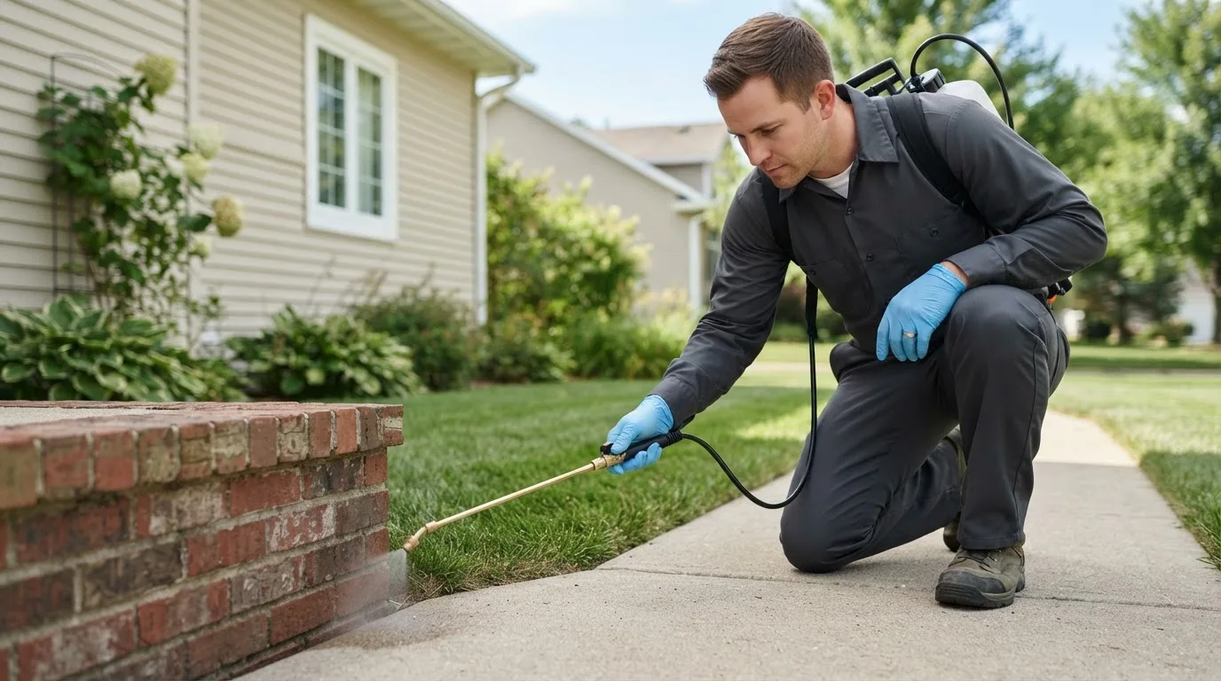 Pest control technician treating a home near Deersville, OH
