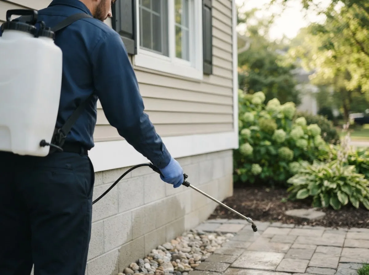 Pest control technician inspecting a home in Deersville, OH